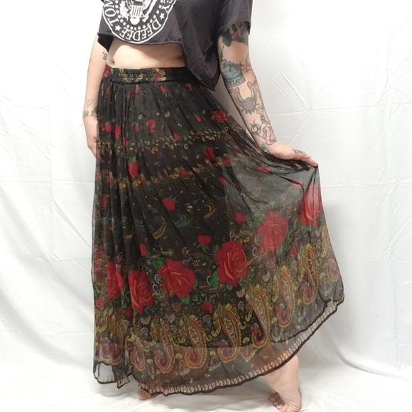 Vintage Dresses & Skirts - vtg 90s Black Chiffon Maxi Skirt Roses Paisley